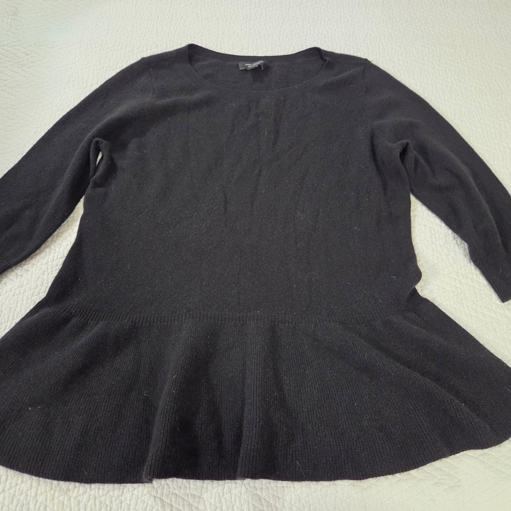 Ann Taylor Black 100% Cashmere Peplum Sweater Long Sleeve Crew Neck Womens Large